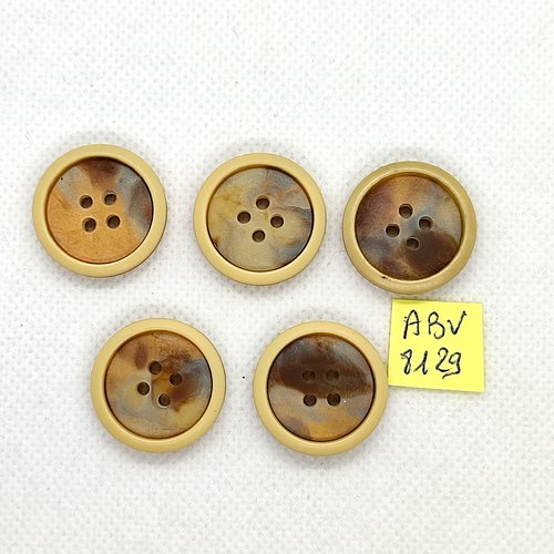 5 boutons en résine marron / beige - 23mm - abv8129