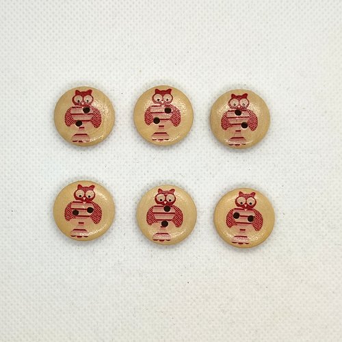 6 boutons en bois rose / rouge - chouette - 20mm - f 15