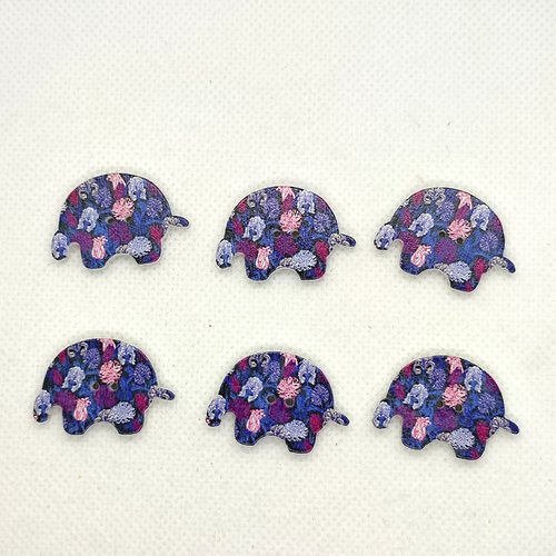 6 boutons fantaisie en bois éléphant fond bleu et multicolore - 20x29mm - f15