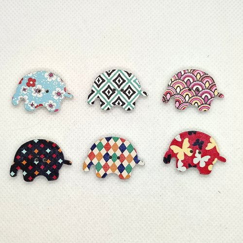 6 boutons fantaisie en bois éléphant multicolore - 20x29mm - f15