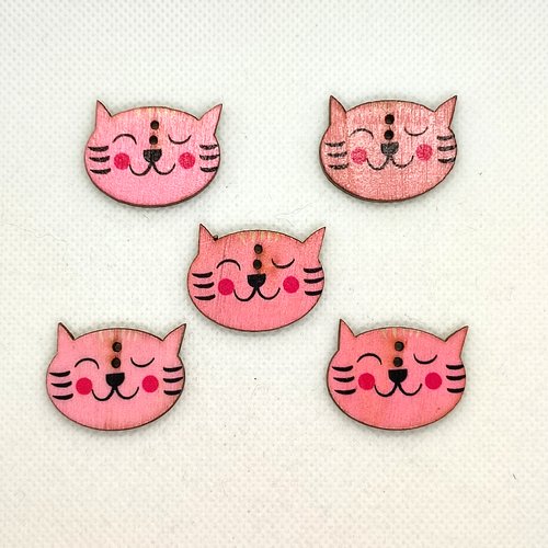5 boutons fantaisie en bois - tete de chat rose - 22x29mm - f15