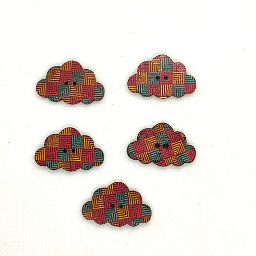 5 boutons en bois fantaisie multicolore - nuage - 19x30mm - f15