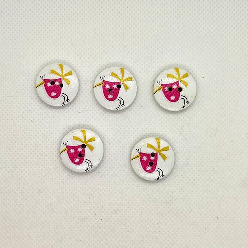 5 boutons en bois fantaisie fuchsia et jaune sur fond blanc - une poule - 20mm - f15