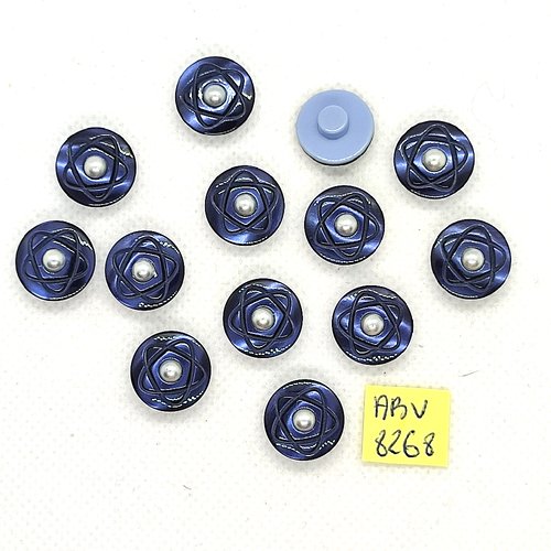 13 boutons en résine bleu et perle blanche - 14mm - abv8268