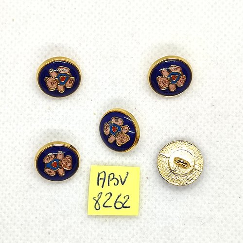 5 boutons en métal doré et résine bleu foncé - 13mm - abv8262