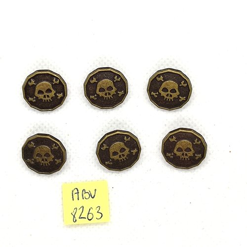 5 boutons en métal bronze - tete de mort - 15mm - abv8263