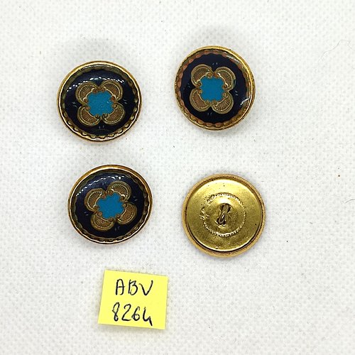 4 boutons en métal doré et résine bleu - 22mm - abv8264