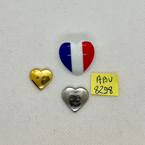 3 boutons en résine fantaisie - coeur doré argenté et bleu blanc rouge - abv8298