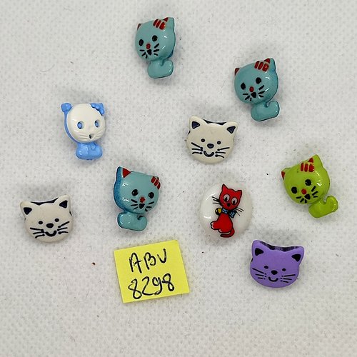 9 boutons en résine fantaisie - chat multicolore - abv8298