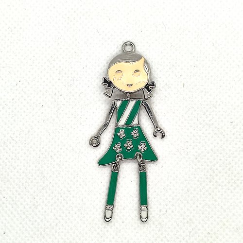 Pendentif articulé en métal argenté et vert et rayure blanche - petite fille - 60x30mm - 51