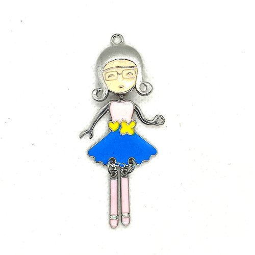 Pendentif articulé en métal argenté et bleu et rose - petite fille - 60x35mm - 51