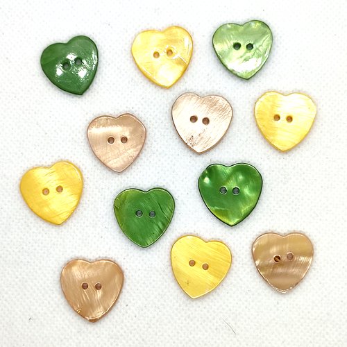 12 boutons en nacre vert jaune/orangé et beige - coeur - 20mm - div167