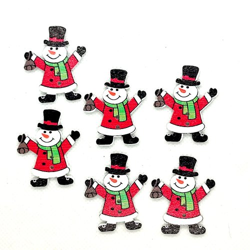 6 boutons en bois fantaisie - bonhomme de neige rouge et noir - 31x38mm - bri745