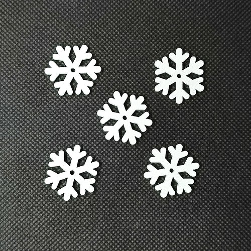 5 boutons en bois fantaisie - flocon de neige blanc - 22mm - bri749-1
