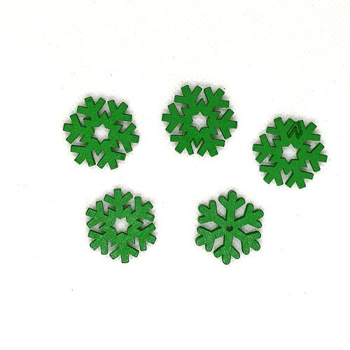 5 boutons en bois fantaisie - flocon de neige vert - 22mm - bri749-1
