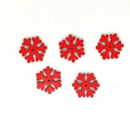 5 boutons en bois fantaisie - flocon de neige rouge - 22mm - bri749-1