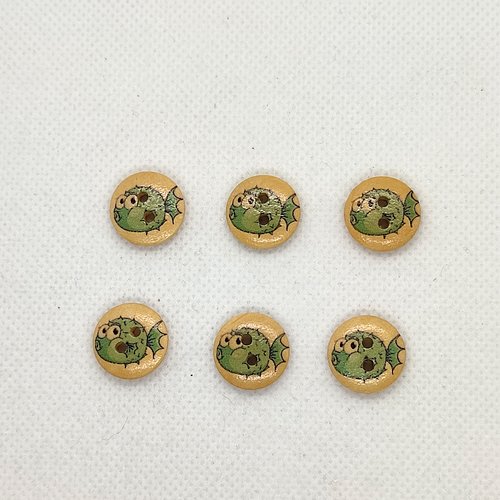 6 boutons en bois - poisson bleu / vert - 15mm