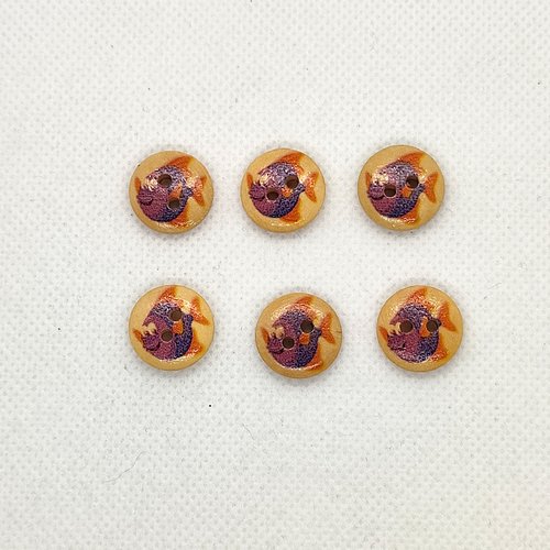 6 boutons en bois - poisson bleu violet et orange - 15mm