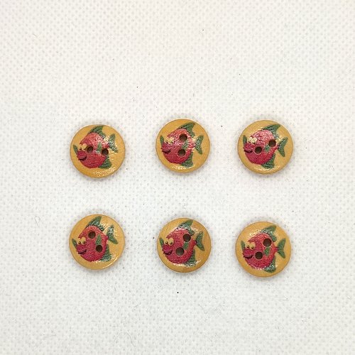 6 boutons en bois - poisson bleu et rose - 15mm