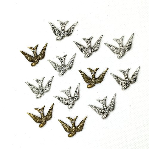 12 breloque / pendentif en métal argenté et bronze - oiseaux - 17x25mm - 64