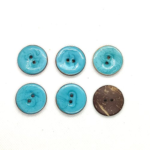 6 boutons en coco et résine bleu et marron dessous - 25mm