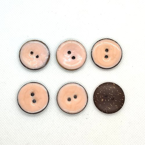 6 boutons en coco et résine rose et marron dessous - 25mm