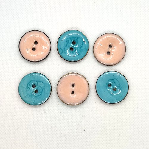 6 boutons en coco et résine bleu rose et marron dessous - 25mm