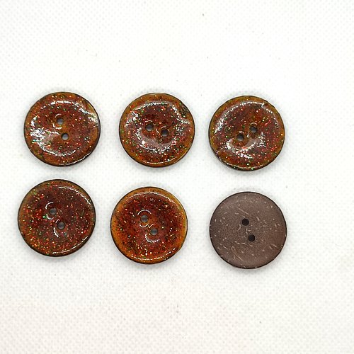 6 boutons en coco et résine orange pailleté et marron dessous - 25mm