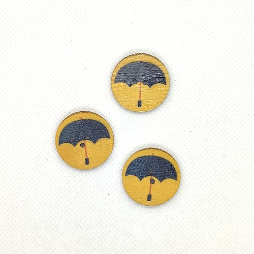 3 boutons fantaisie en bois - parapluie noir sur fond jaune - 25mm