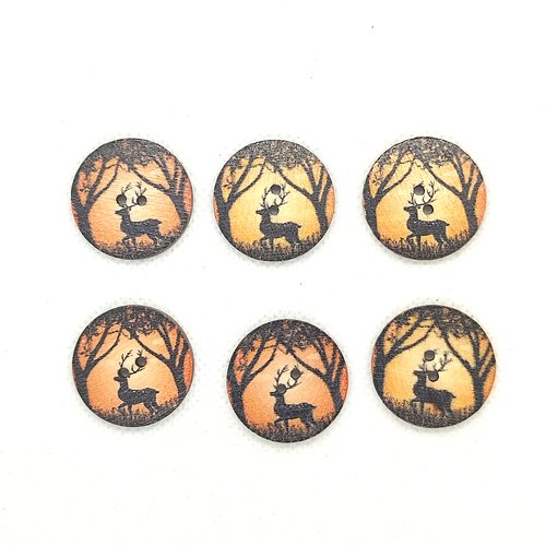 6 boutons fantaisie en bois - un cerf - orange et noir - 25mm