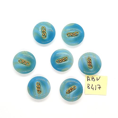 7 boutons en résine bleu et doré - 22mm - abv8417