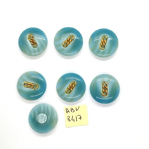 7 boutons en résine bleu et doré - 18mm - abv8417