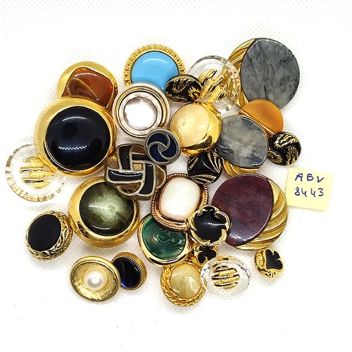 27 boutons en résine doré et multicolore - tailles et modèles divers - abv8443