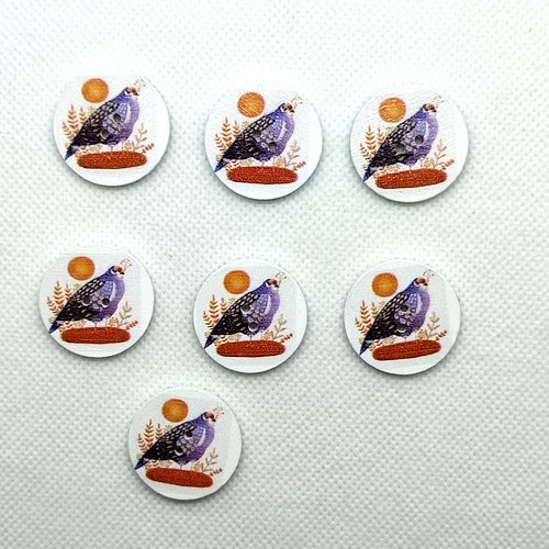7 boutons fantaisie en bois - oiseaux multicolore sur fond blanc - 25mm - 4