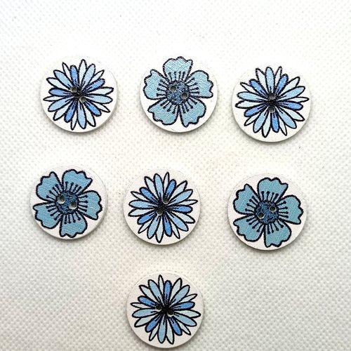 7 boutons fantaisie en bois - fleur - bleu - 25mm - 3