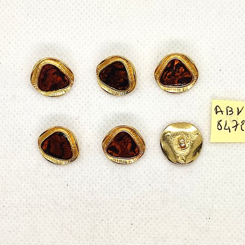 6 boutons en résine marron et métal doré - 15mm - abv8472