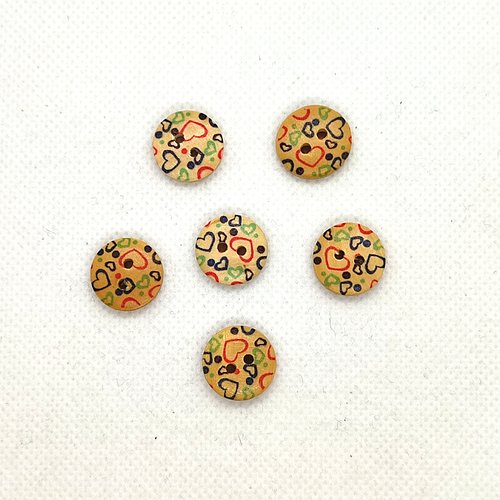 6 boutons en bois - coeur multicolore - 15mm