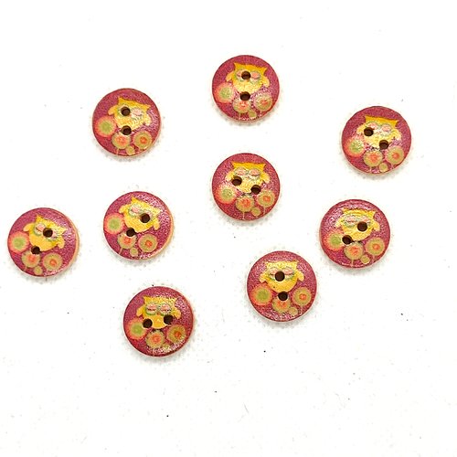 9 boutons en bois - chouette jaune sur fond vieux rose - 15mm