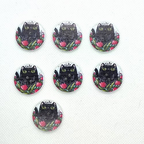 7 boutons fantaisie en bois - chat noir et fleur rouge - 25mm - 6