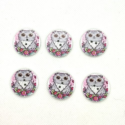 6 boutons fantaisie en bois - chat gris sur fond rose - 25mm - 8