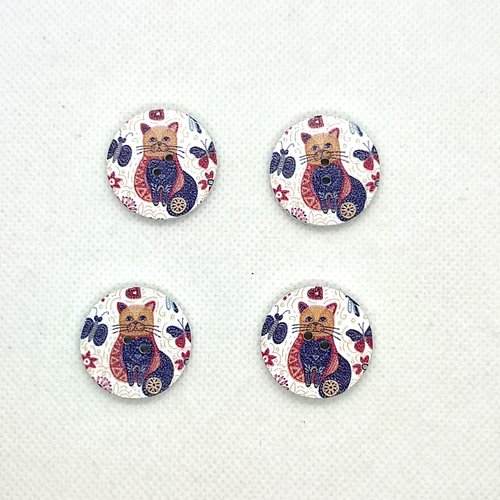 4 boutons fantaisie en bois - chat beige et bleu avec des papillons - 25mm - 11