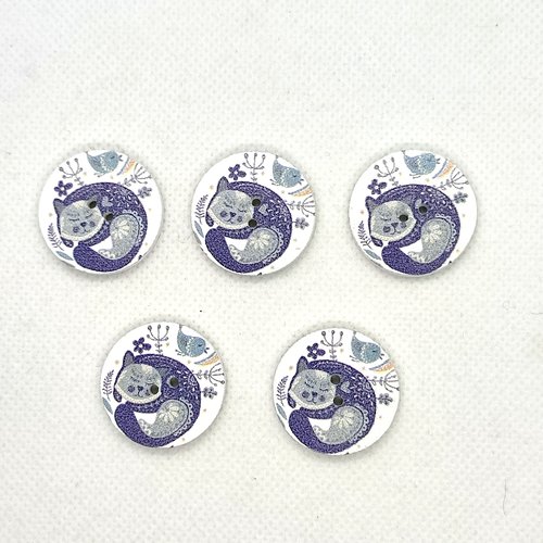 5 boutons fantaisie en bois - chat gris / bleu - 25mm - 22