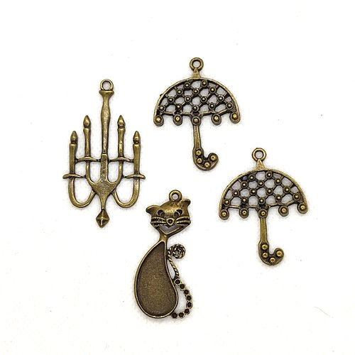 4 breloque / pendentif en métal bronze - chat chandelier et parapluie - taille diverse - 87