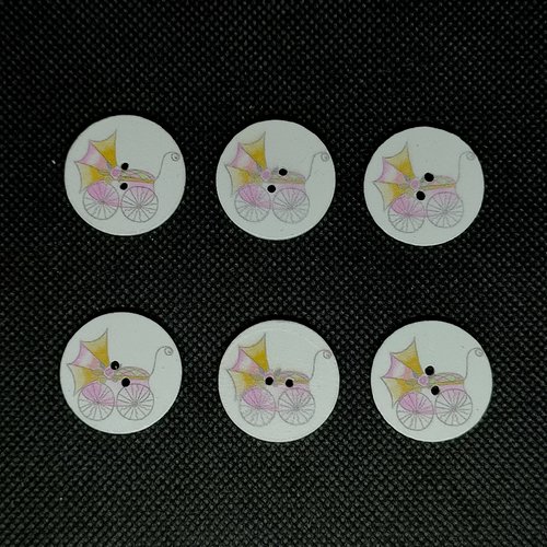 6 boutons fantaisie en bois - landau jaune et rose sur fond blanc - 25mm - 1