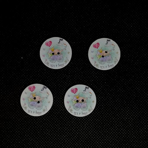 4 boutons fantaisie en bois - landau multicolore avec un coeur rose - 25mm - 2