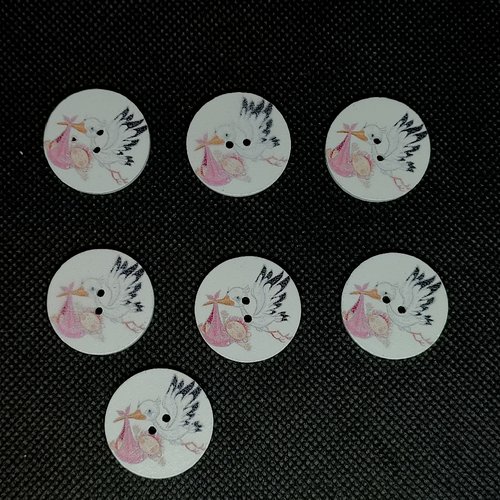 7 boutons fantaisie en bois - cigogne avec son bébé - rose sur fond blanc - 25mm - 3