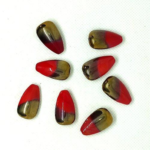 8 perles en verre - rouge et doré - 15x20mm