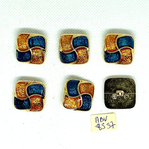 6 boutons en résine bleu jaune et doré - 21x21mm - abv8553