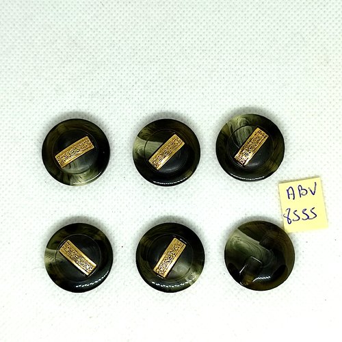 6 boutons en résine gris et doré - 22mm - abv8555