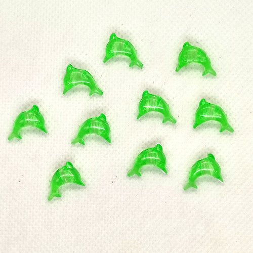 10 perles en résine vert - un dauphin - 10x13mm